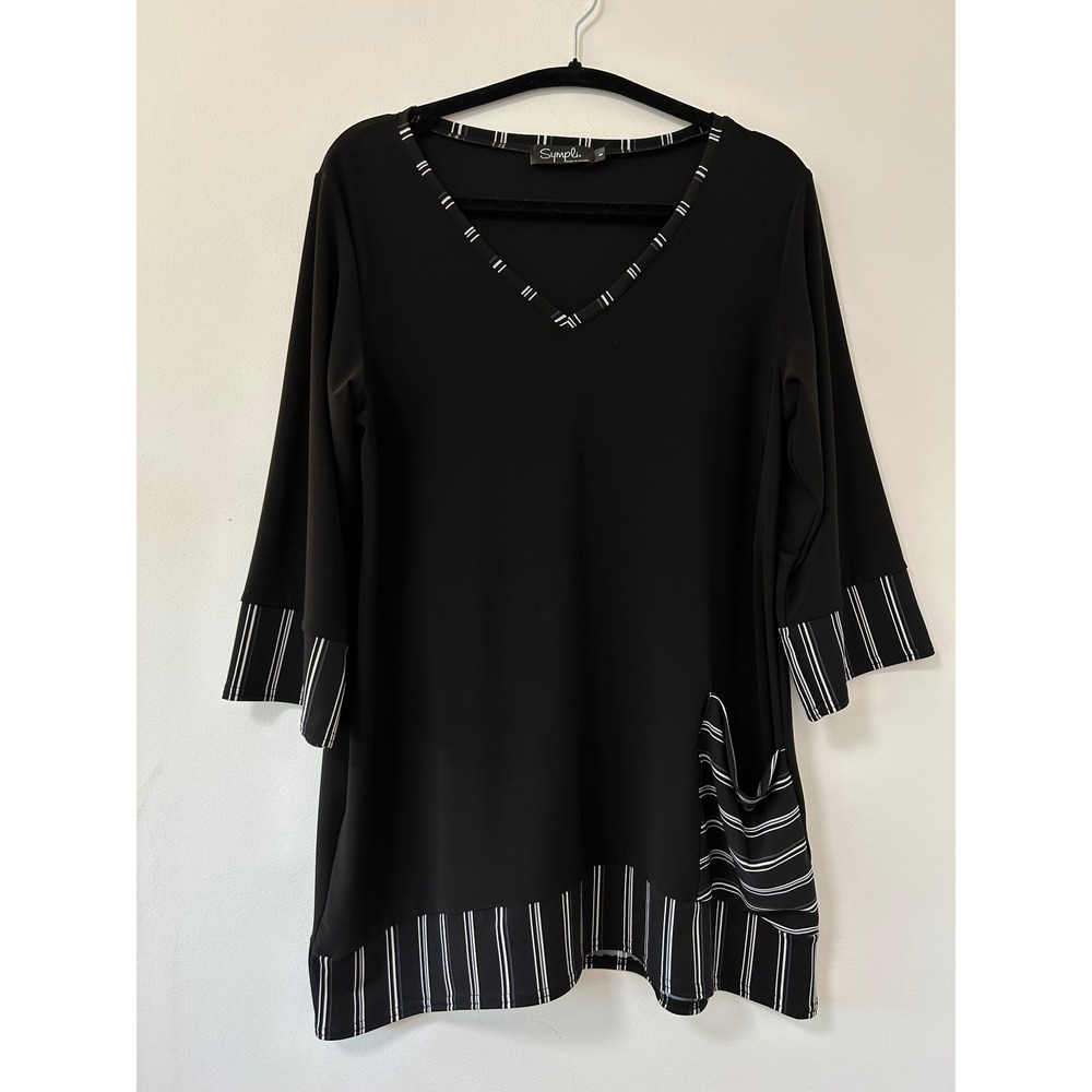 Sympli Womens Black Striped Trim V-Neck Tunic Top Size‎ 8 Made in Canada Jersey